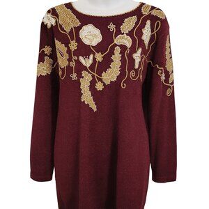 Jaclyn Smith Sweater glam chic Burgundy gold metallic Lg crochet pearl grandma